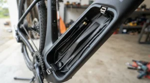 An electric bike drainage frame design illustrating a sloped battery bay channel for water runoff.