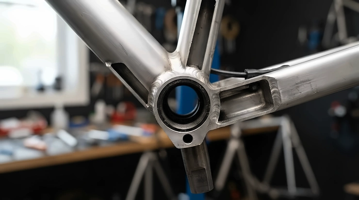 An electric bike drainage frame design showing a precision-drilled escape port near the bottom bracket shell.