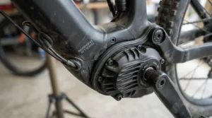 An electric bike drainage frame design displaying a gasket-sealed mid-drive motor mounting interface.