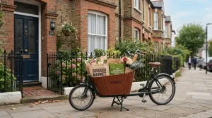 A heavy-duty cargo e-bike secured with an electric bike five-year frame warranty for school runs.