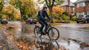 Riding through wet seasonal weather, safe in the knowledge of an electric bike five-year frame warranty.