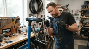 A bicycle mechanic inspecting a frame covered by the electric bike five-year frame warranty in a workshop.
