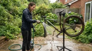 A cyclist rinsing down an electric bike for gritted winter roads with a garden hose after a cold commute.
