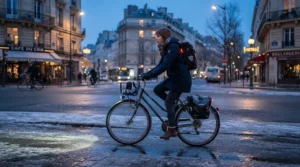 An electric bike for gritted winter roads being ridden along a frosty urban street during morning rush hour.