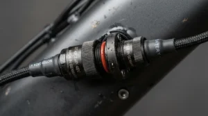 Detailed view of sealed electrical connections on an electric bike for gritted winter roads to prevent weather damage.