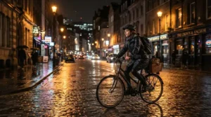 An electric bike for gritted winter roads illuminated by streetlights while riding across wet tarmac.
