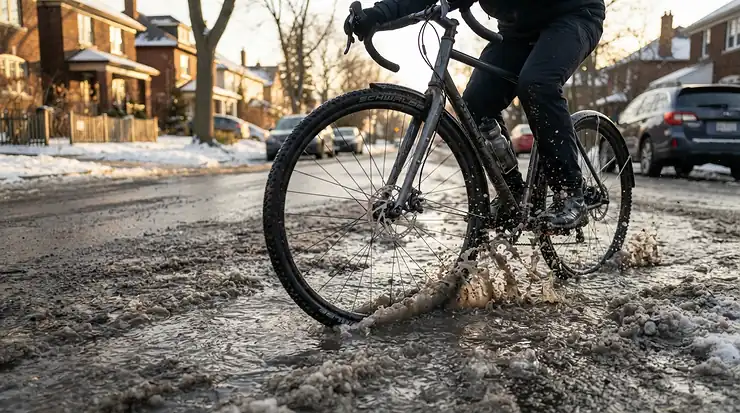 An electric bike for gritted winter roads splashing through melting snow and salt slush on a suburban lane.