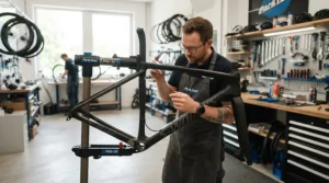 A bicycle mechanic inspecting the frame of an electric bike for gritted winter roads in a well-lit workshop.