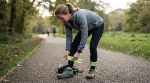 Securing ankle band visibility straps around trousers included in an electric bike hi-vis visibility kit