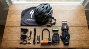 An electric bike hi-vis visibility kit laid out neatly on a table alongside a commuter helmet in London