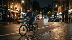 A cyclist wearing an electric bike hi-vis visibility kit cycling down a dimly lit street after dusk