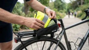 Packing the electric bike hi-vis visibility kit into its compact storage pouch after a morning ride