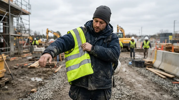 A rider putting on a hi-vis vest standard certified as part of an electric bike hi-vis visibility kit