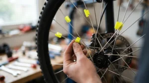 Close-up of wheel reflector clips attached to bicycle spokes from an electric bike hi-vis visibility kit