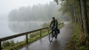 An electric bike reflective frame illuminating a misty towpath alongside a historic canal during an early winter morning fog.