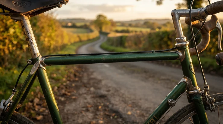 Close-up of an electric bike reflective frame catching twilight beams on a quiet, tree-lined rural British country lane.