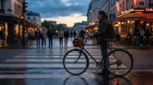 Side-profile view of an electric bike reflective frame standing out clearly against passing traffic during twilight.