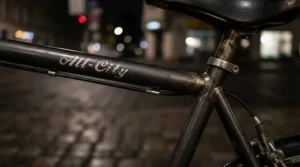 Detail view showing how an electric bike reflective frame enhances safety at a busy urban roundabout during twilight hours.