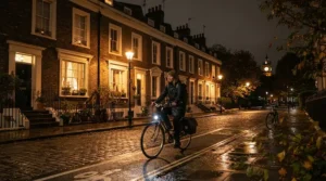 A cyclist riding past historic Georgian townhouses, highlighting the safety benefits of an electric bike reflective frame after dark.