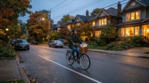 An electric bike reflective frame ridden through a softly lit suburban neighbourhood on a chilly winter evening.