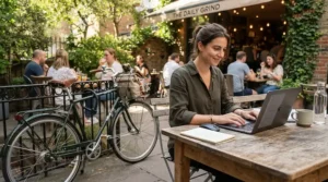 A cyclist submitting paperwork for an electric bike reinforced frame warranty claim online.