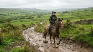 Riding along a muddy British bridleway, backed by a reinforced frame guarantee electric bicycle policy.