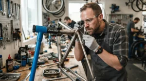 A mechanic performing manufacturer defect cover checks on an electric bike reinforced frame warranty case.