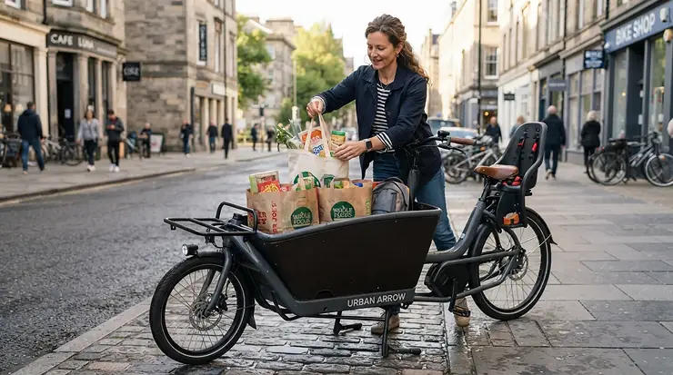 Transporting heavy shopping loads in a basket, secured by an electric bike reinforced frame warranty.