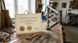A certificate showing a lifetime frame warranty ebike policy alongside a sturdy electric bicycle frame.
