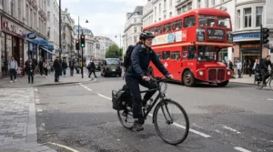 A commuter riding past a red double-decker bus, protected by an electric bike reinforced frame warranty.