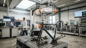 An engineer checking hydraulic frame stress testing equipment for a robust electric bike reinforced frame warranty.